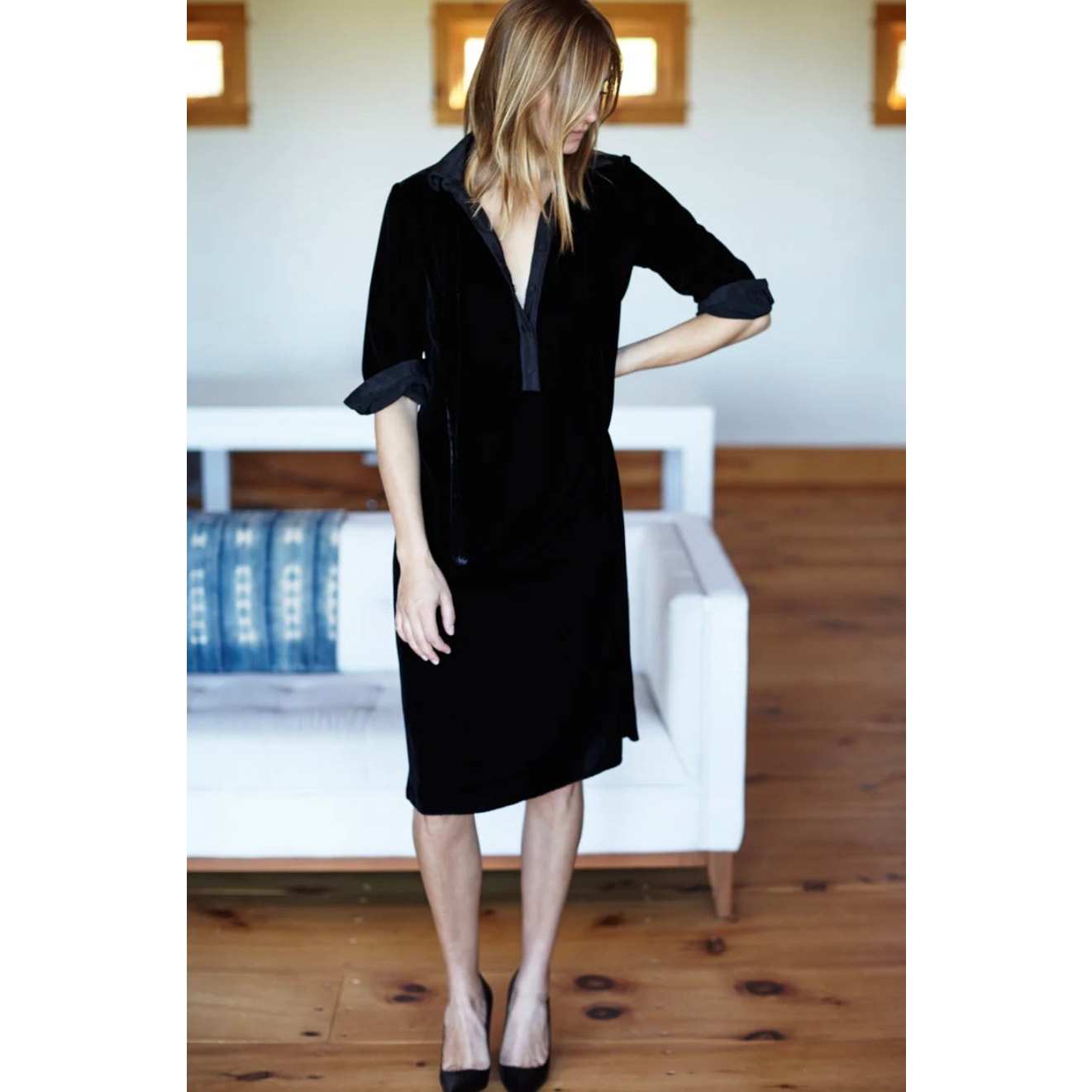 Emerson Fry Velvet Shirtdress Belt Black Long Sleeve Dress Silk 10 Large